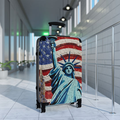 Patriotic Mosaic Artwork, Liberty Statue with Flag, Emblematic Freedom, Independence Day Mural, National Pride Abstract Tilework - Suitcase