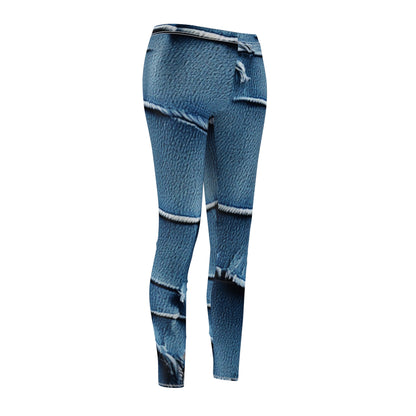 Midnight Blue Distressed Denim: Rugged, Torn & Stylish Design - Women's Cut & Sew Casual Leggings (AOP)