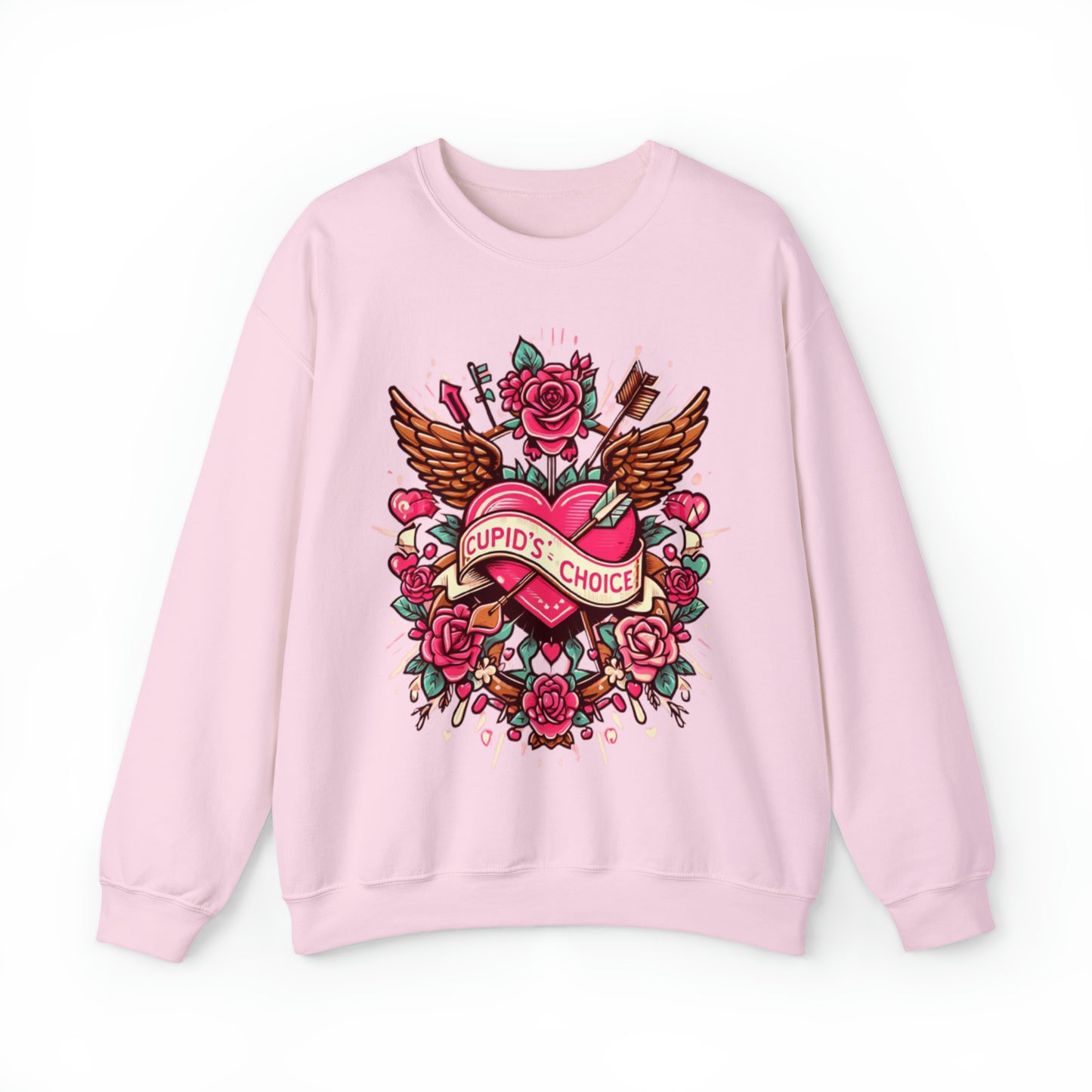 Cupidos Choice Heart con rosas y flecha - Amor vibrante del día de San Valentín - Sudadera unisex Heavy Blend™ Crewneck