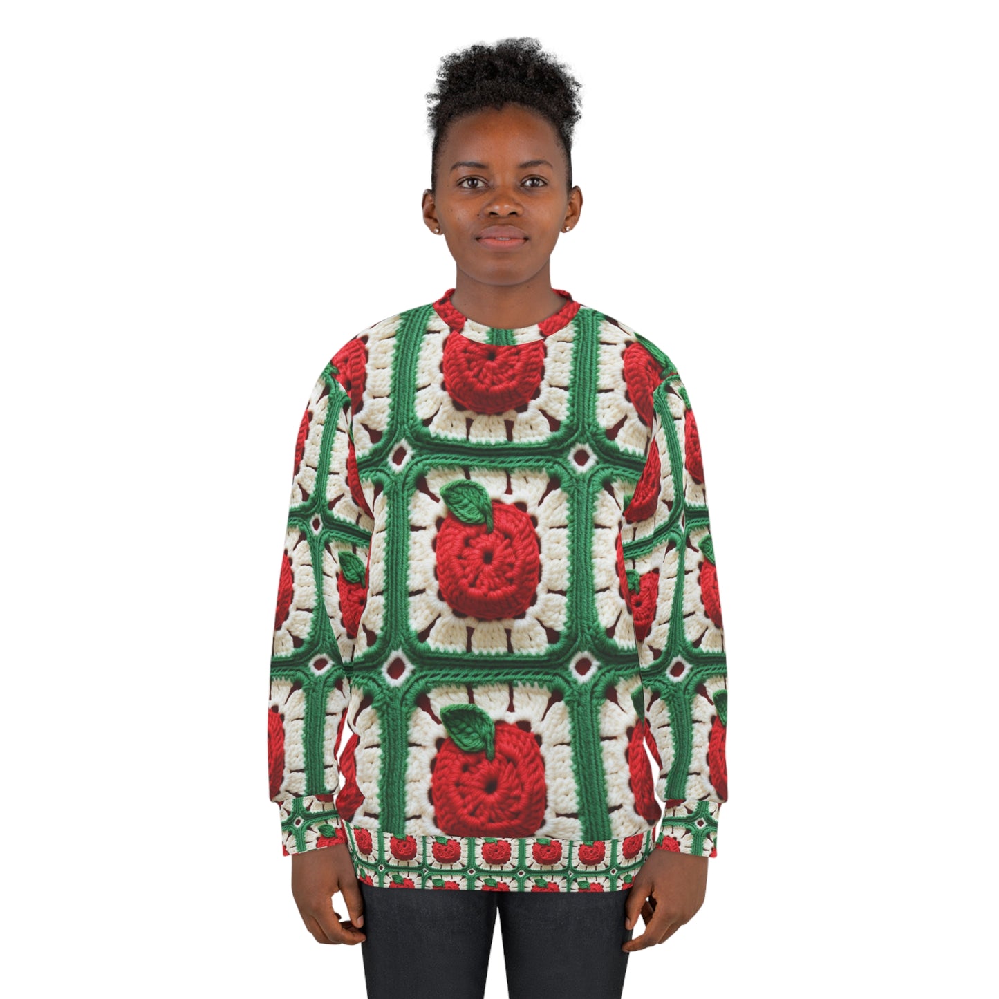 Patrón de crochet Apple Granny Square: árbol frutal silvestre, delicioso diseño rojo - Sudadera unisex (AOP) 