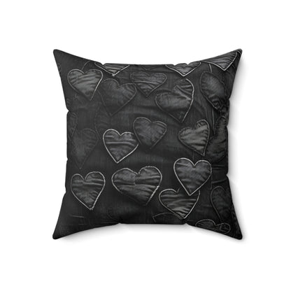 Black: Distressed Denim-Inspired Fabric Heart Embroidery Design - Spun Polyester Square Pillow