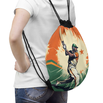 India Cricket Star: Batsman With Willow Bat, National Flag Style - Sport Game - Drawstring Bag