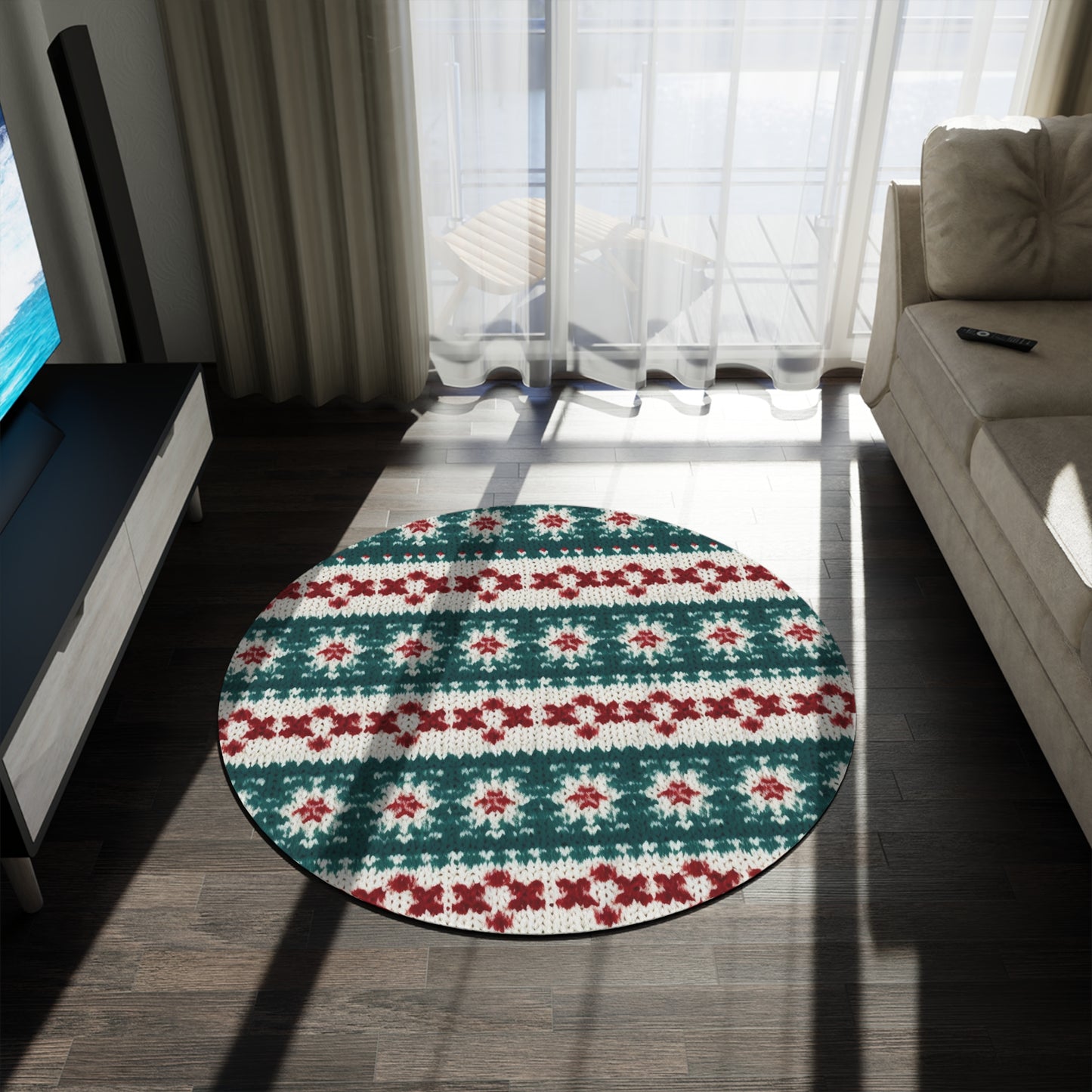 Christmas Knit Crochet Holiday, Festive Yuletide Pattern, Winter Season - Round Rug