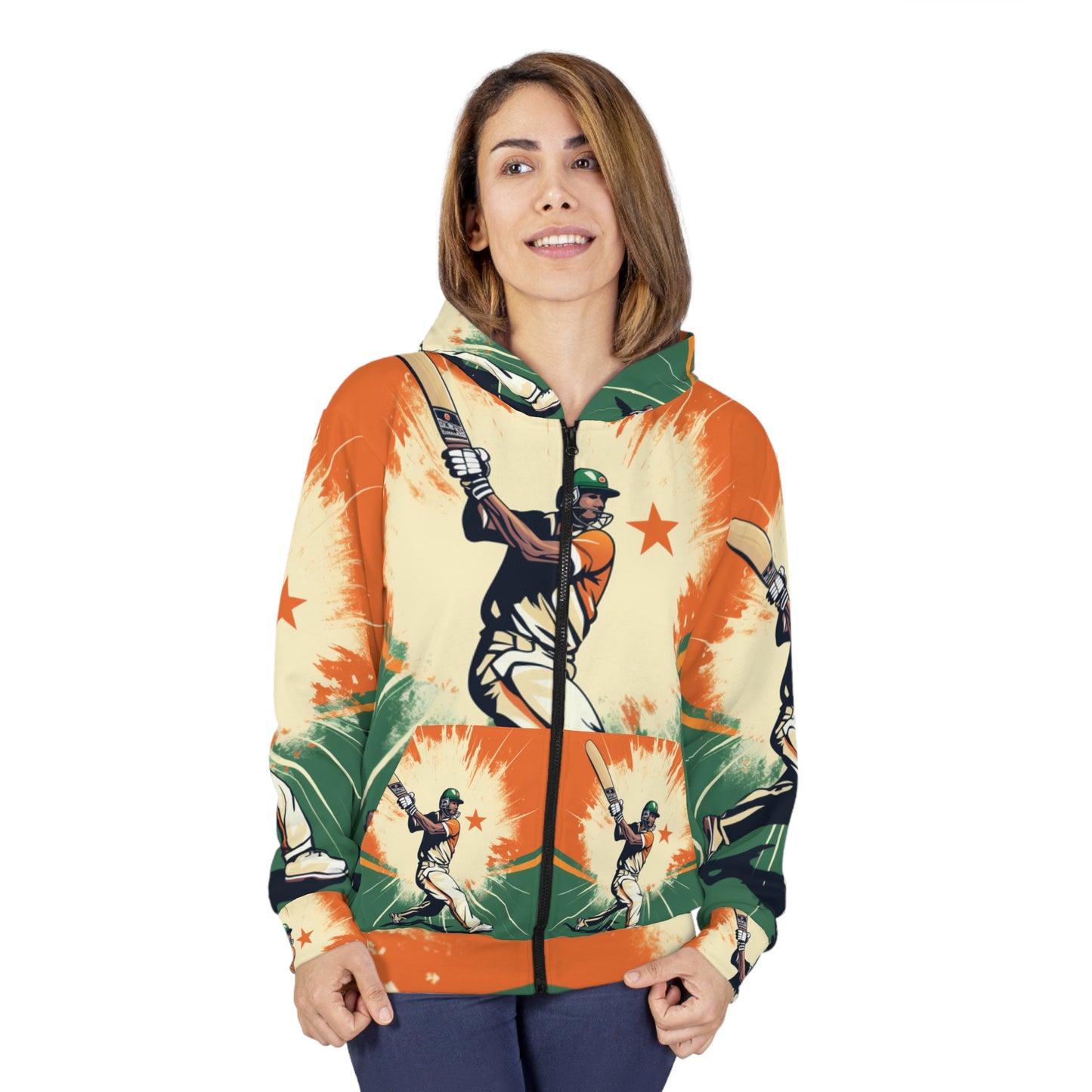 India Cricket Star: Batsman With Willow Bat, National Flag Style - Sport Game - Unisex Zip Hoodie (AOP)