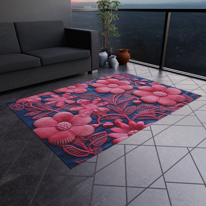 Denim Blue Doll Pink Floral Embroidery Style Fabric Flowers - Outdoor Rug