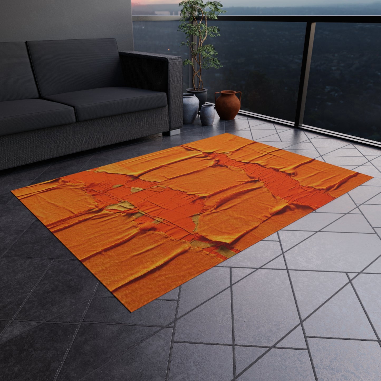 Fiery Citrus Orange: Edgy Distressed, Denim-Inspired Fabric - Outdoor Rug