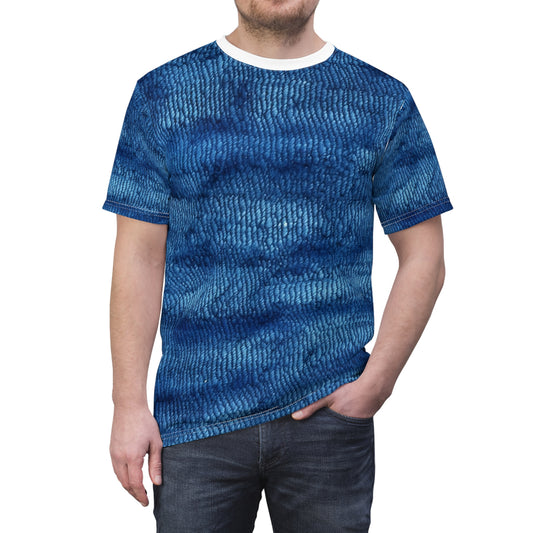 Blue Spectrum: Denim-Inspired Fabric Light to Dark - Unisex Cut & Sew Tee (AOP)