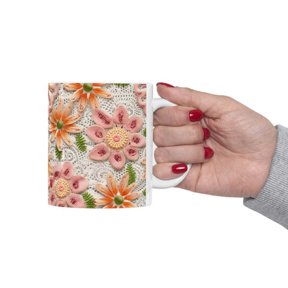 Floral Embroidered Eyelet: Delicate Flower Elegant Pattern - Ceramic Mug 11oz