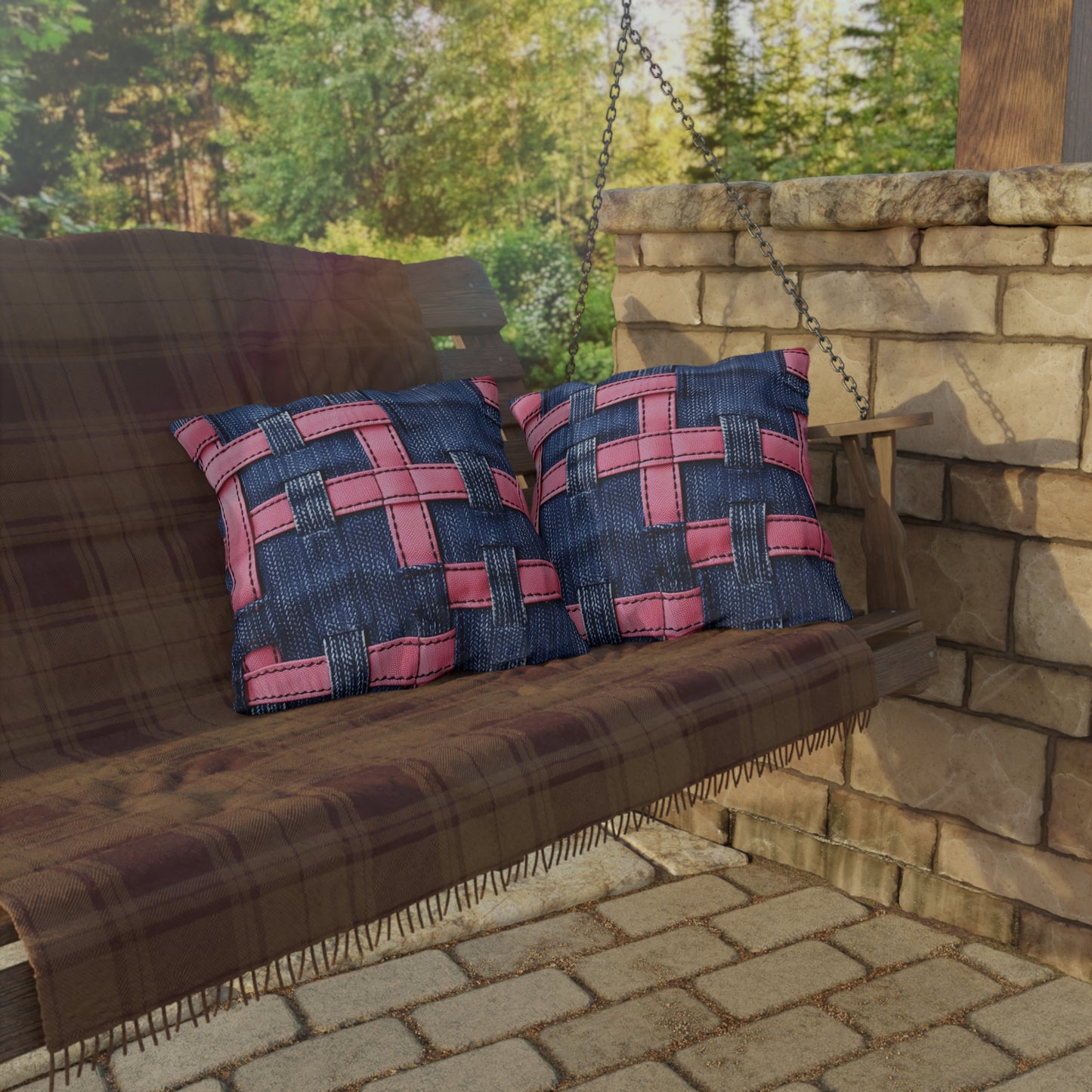 Candy-Striped Crossover: Pink Denim Ribbons Dancing on Blue Stage - Outdoor Pillows