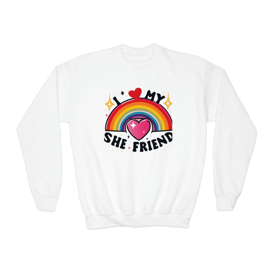 Loving Friendship Emblem - Rainbow Heart and Stars, LGBQ Support and Pride, She Her Affectionate Tribute Design - Youth Crewneck Sweatshirt