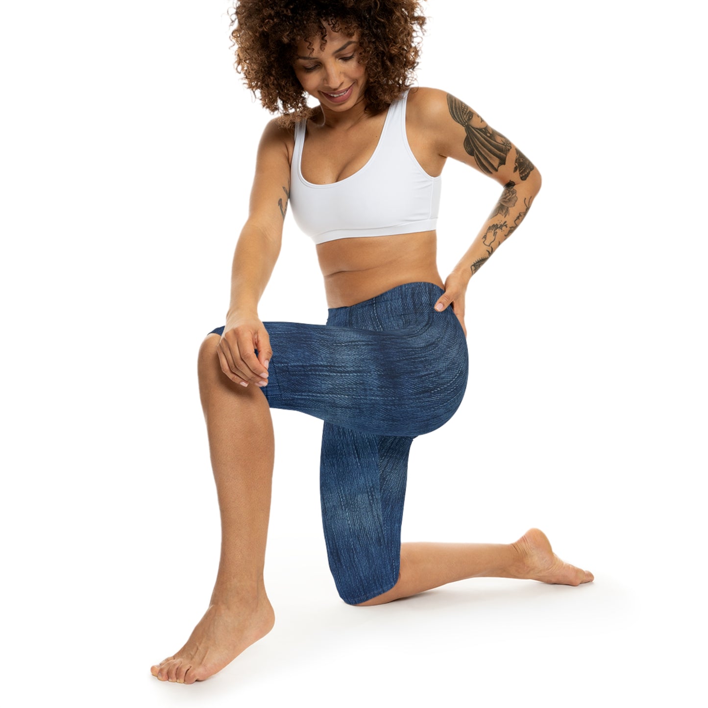 Indigo Splash: Washed Denim Reverie in Deep Blue - Women’s Capri Leggings (AOP)