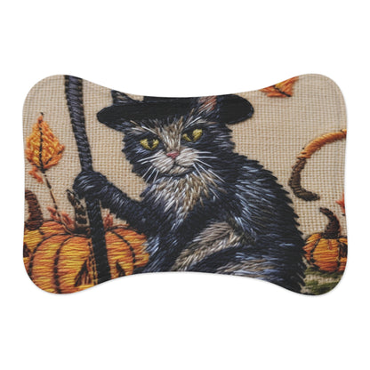 Halloween Cat Magic: Embroidered Style Feline with Pumpkins & Witch Hat - Pet Feeding Mats