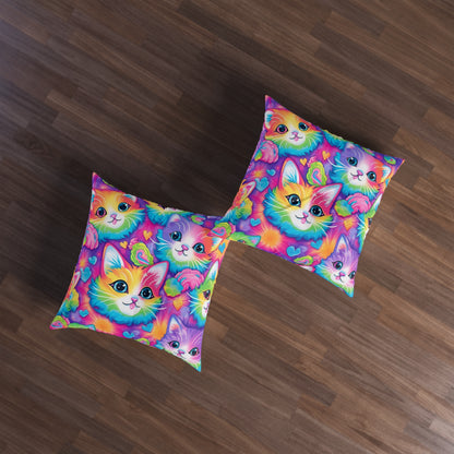 Happy Kitten & Cat Design - Vivid, Colorful & Eye-Catching - Tufted Floor Pillow, Square