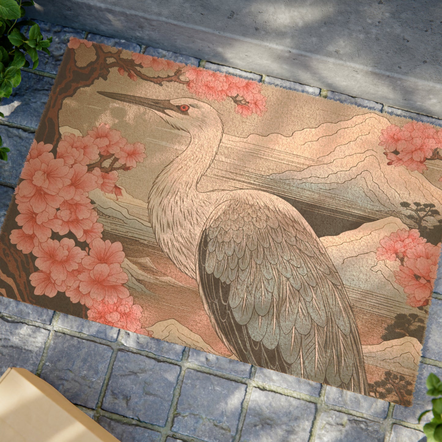 Sakura Blossoms Majestic Crane - Japanese, Birthday Gift for Dad, Traditional Indigo & Mount Fuji - Doormat