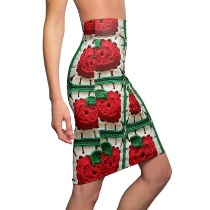 Apple Granny Square Crochet Pattern: Wild Fruit Tree, Delicious Red Design - Women's Pencil Skirt (AOP)