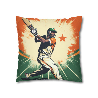 India Cricket Star: Batsman With Willow Bat, National Flag Style - Sport Game - Spun Polyester Square Pillow Case