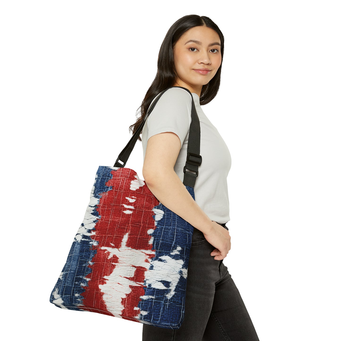 Rojo, blanco y azul patriótico: estilo denim desgastado, tela rasgada - Bolso de mano ajustable (AOP)