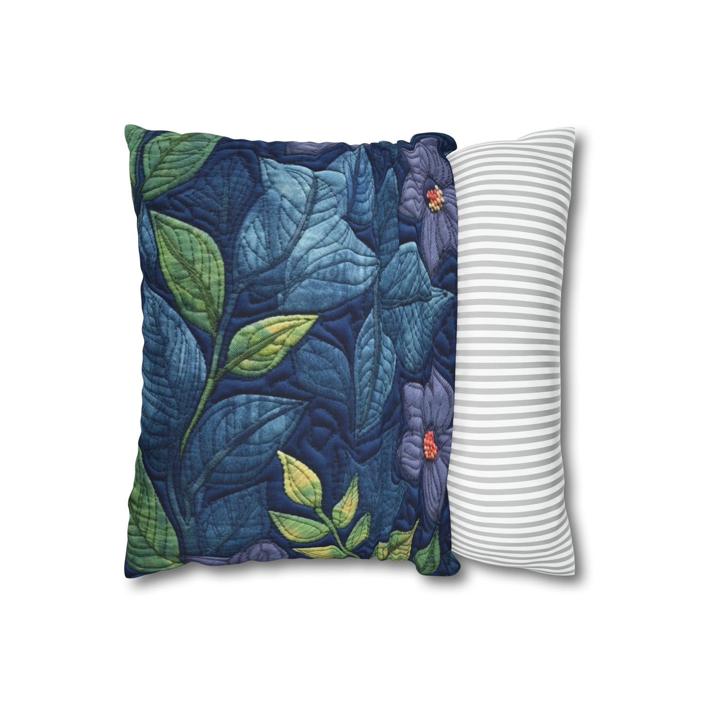 Floral Embroidery Blue: Denim-Inspired, Artisan-Crafted Flower Design - Spun Polyester Square Pillow Case