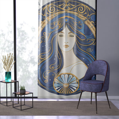 Virgo Zodiac Circular Symmetry in Gold Royal Blue - Window Curtain