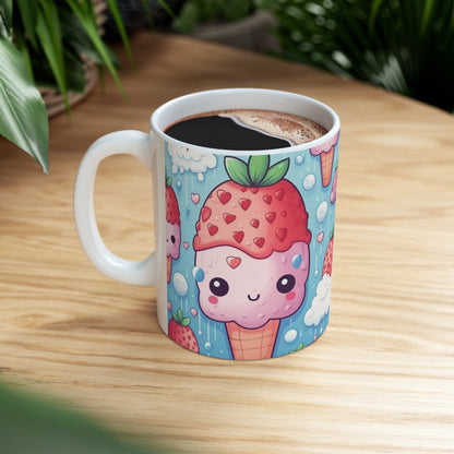 Kawaii Strawberry Sundae Cone - Traditional Japanese Anime Dessert Delight - Sweet Berry Otaku Gift - Ceramic Mug 11oz