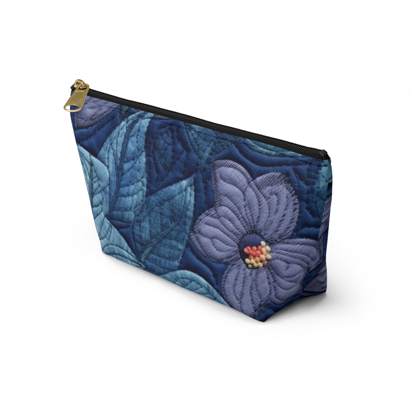 Floral Embroidery Blue: Denim-Inspired, Artisan-Crafted Flower Design - Accessory Pouch w T-bottom