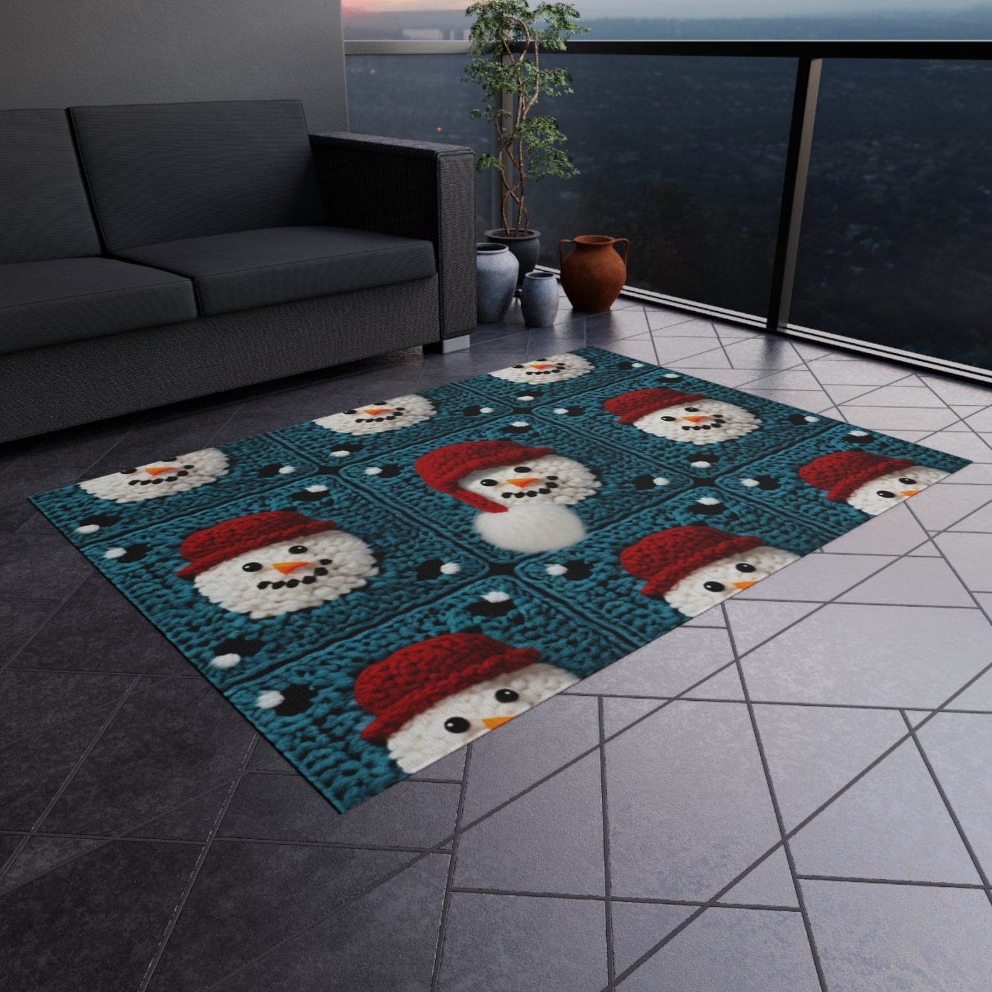 Snowman Crochet Craft, Festive Yuletide Cheer, Winter Wonderland - Outdoor Rug