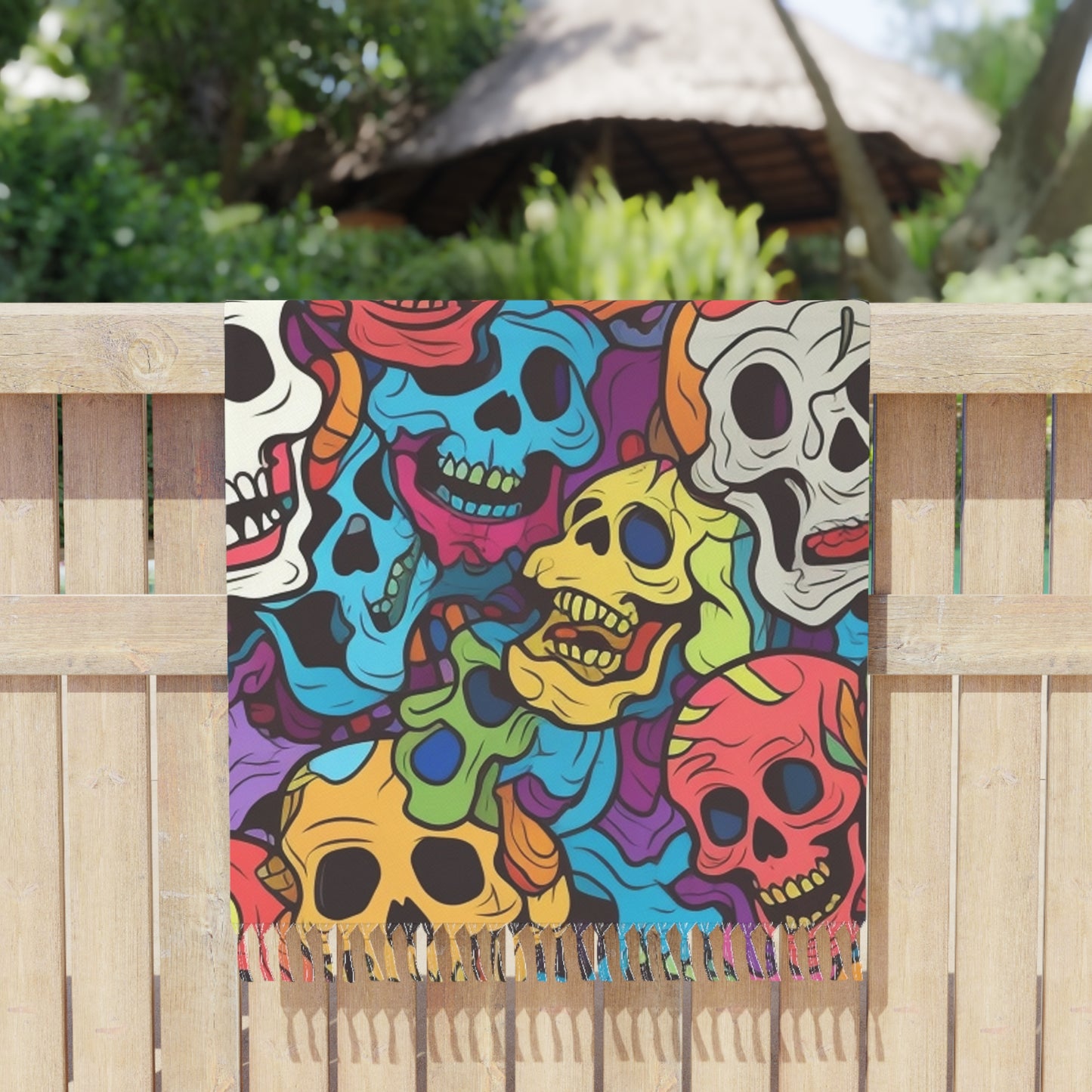 Psychedelic Rainbow Skull Head Pattern, Vibrant Colors - Boho Beach Cloth