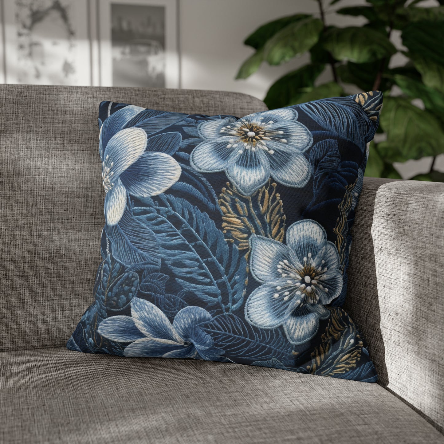 Flower Blossom Embroidery Floral on Denim Style - Spun Polyester Square Pillow Case