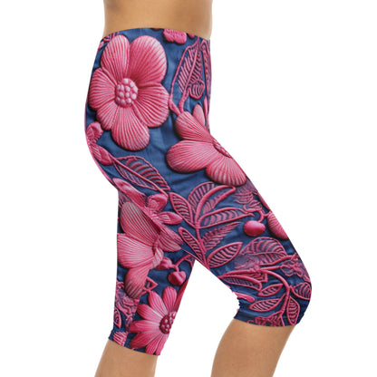 Denim Azul Muñeca Rosa Floral Bordado Estilo Tela Flores - Leggings Capri Mujer (AOP) 