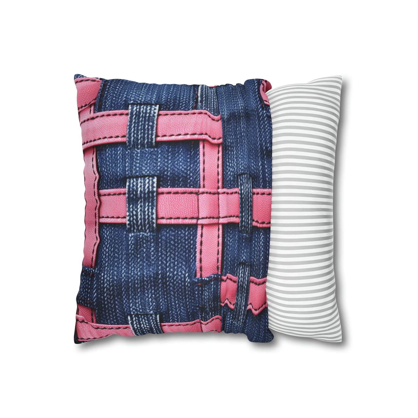 Candy-Striped Crossover: Pink Denim Ribbons Dancing on Blue Stage - Spun Polyester Square Pillow Case