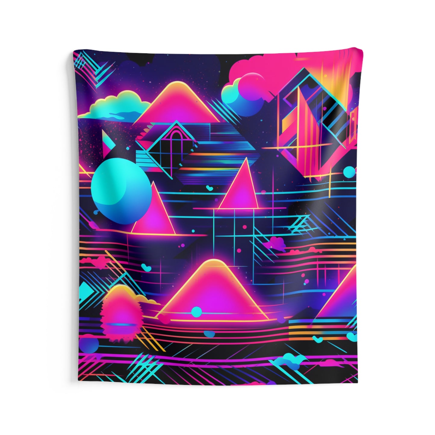 Tapices de pared para interiores con diseño de patrones inspirados en el estilo retrofuturista de Synthwave de los años 80