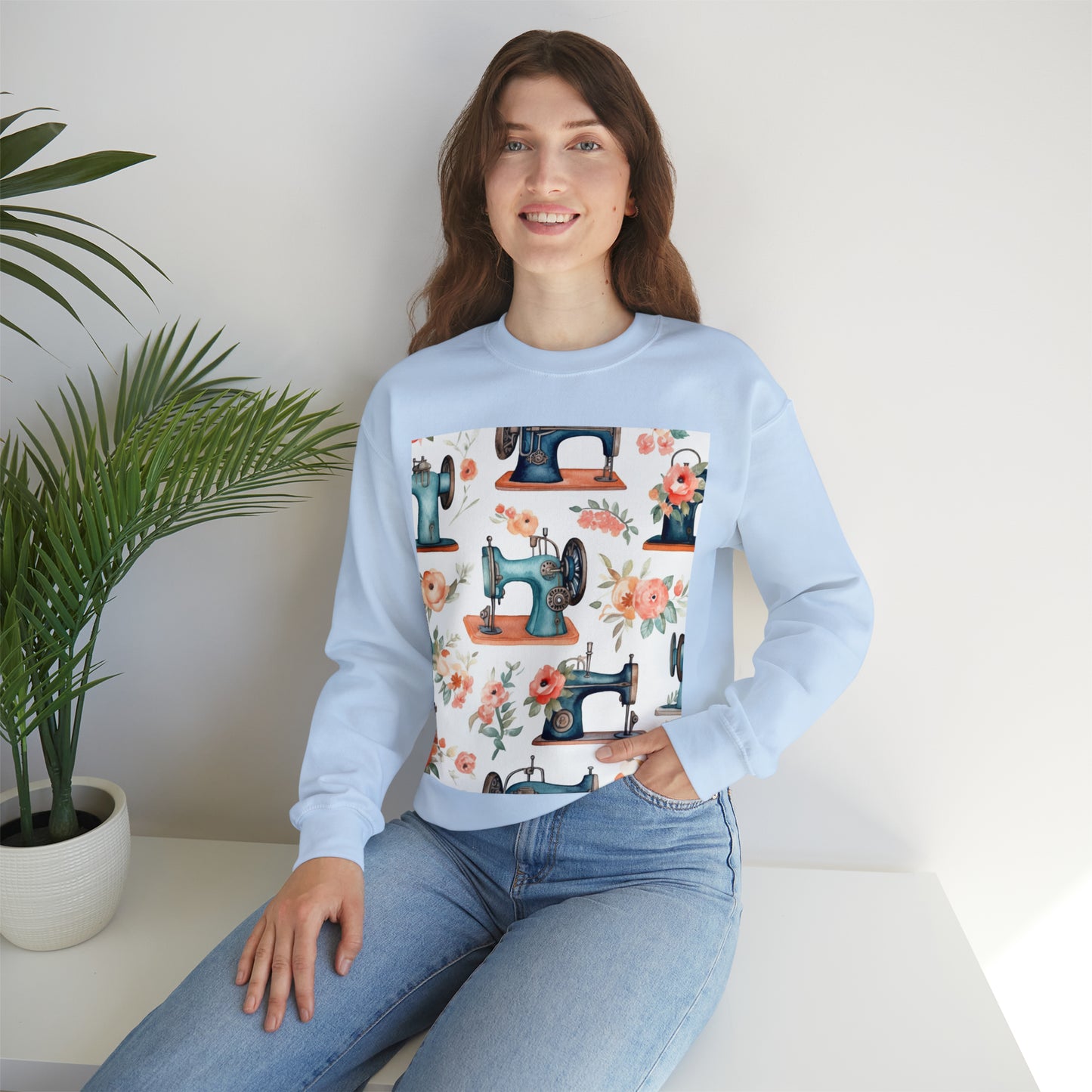 Watercolor Sewing Machines & Floral Bouquets: Antique Feminine Minimalist Styling - Unisex Heavy Blend™ Crewneck Sweatshirt