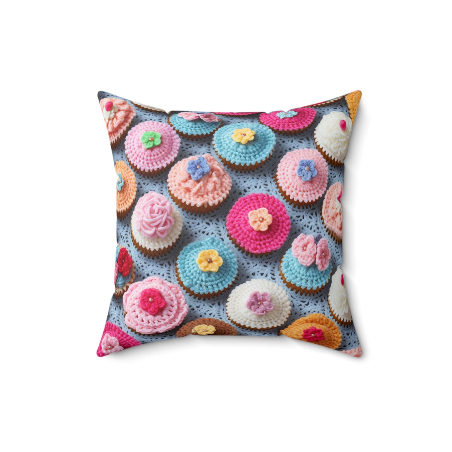 Crochet Cupcake Treat Frosted Cake Dessert Bakery Design - Spun Polyester Square Pillow