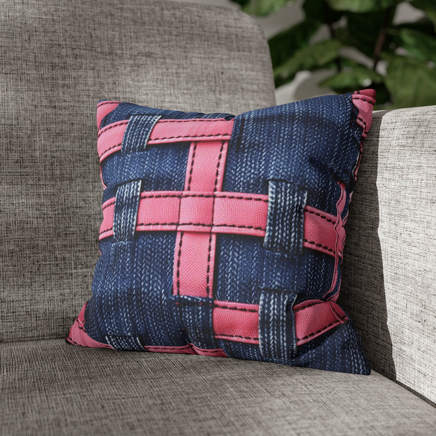 Candy-Striped Crossover: Pink Denim Ribbons Dancing on Blue Stage - Spun Polyester Square Pillow Case