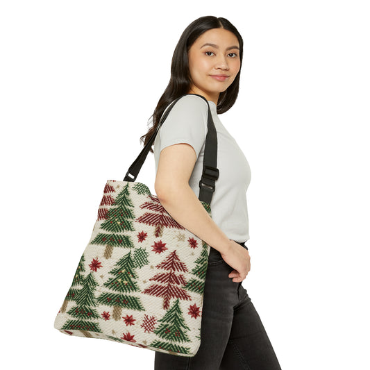 Embroidered Christmas Winter, Festive Holiday Stitching, Classic Seasonal Design - Adjustable Tote Bag (AOP)