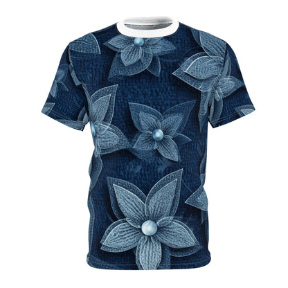 Hawaiian Flower Design - Denim-Inspired Decor Piece - Unisex Cut & Sew Tee (AOP)