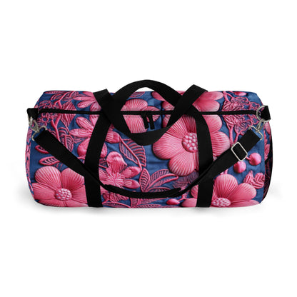 Denim Blue Doll Pink Floral Embroidery Style Fabric Flowers - Duffel Bag