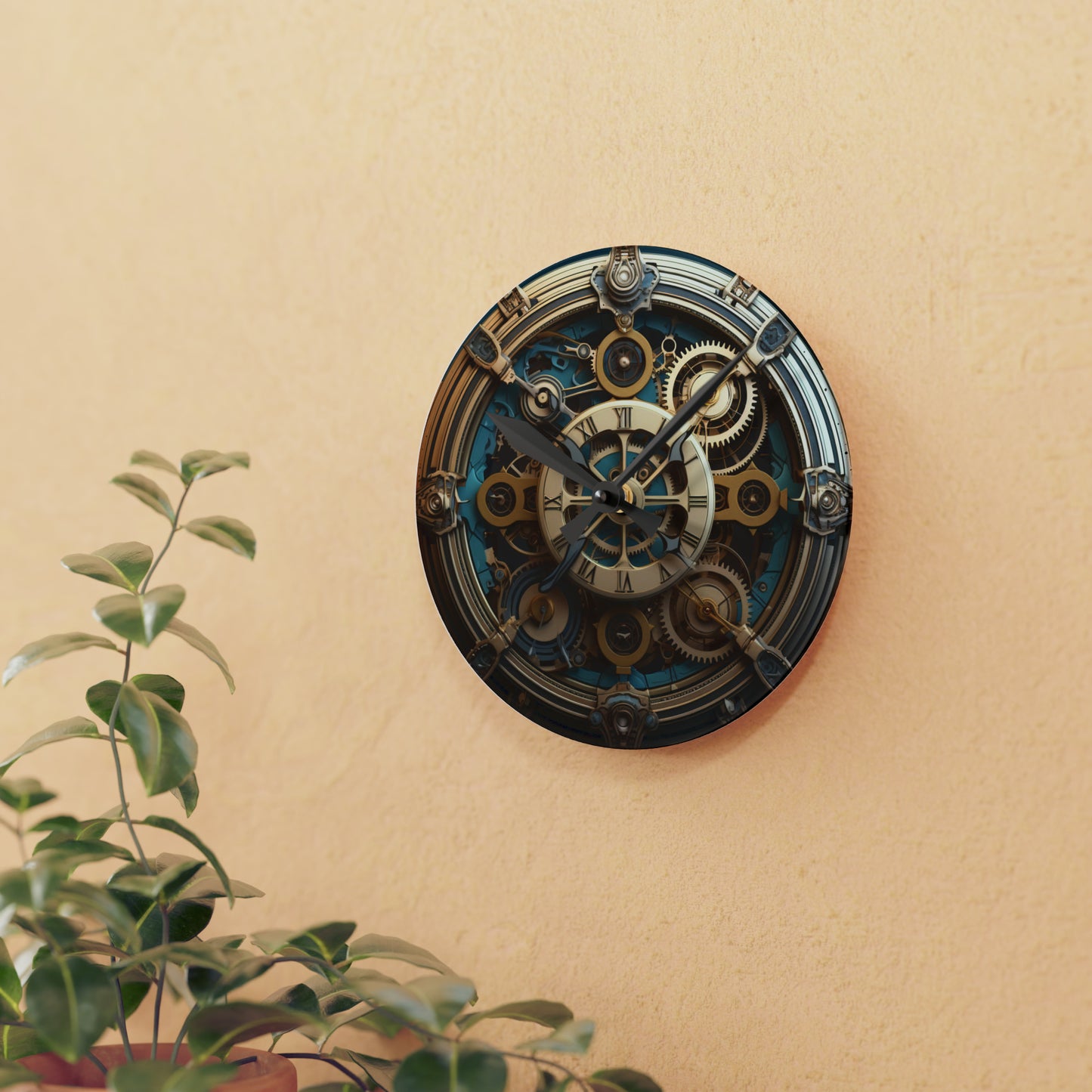 Steampunk Gear, Gold trim Blue Teal Design, Acrylic Wall Clock