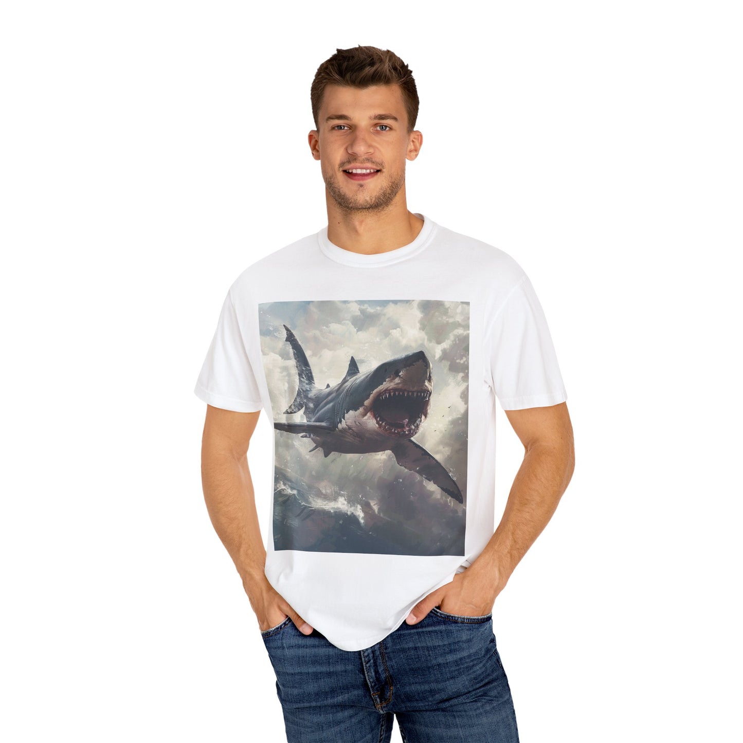 Scary Flying Shark, Ocean Fish Gift, Unisex Garment-Dyed T-shirt