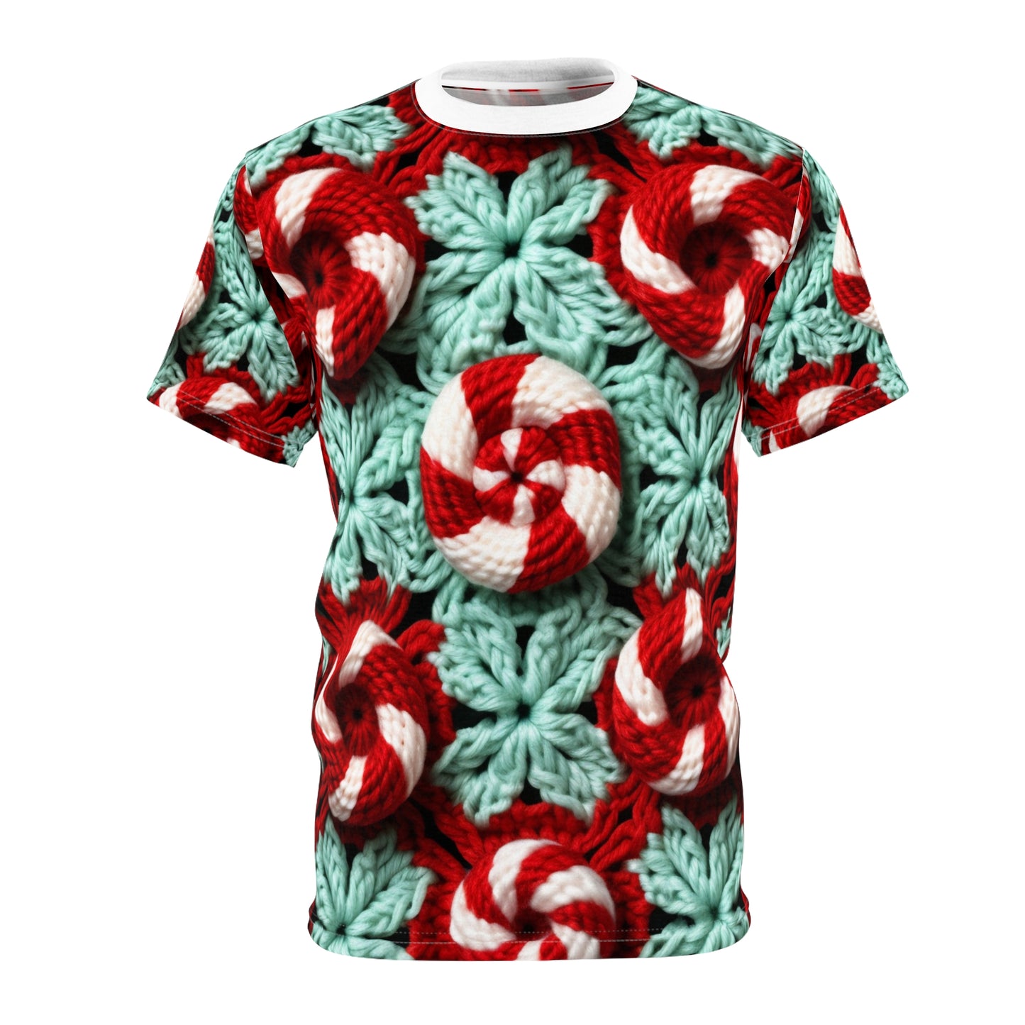 Christmas Crochet Candy Cane - Pepper Red Crystal White Holiday Pattern - Unisex Cut & Sew Tee (AOP)