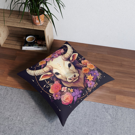 Acentos florales del toro del zodíaco Tauro - Signo de astrología - Almohada de suelo copetuda, cuadrada 