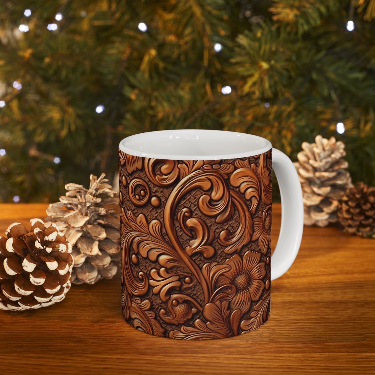 Leather Flower Cognac Classic Brown Timeless American Cowboy Design - Ceramic Mug 11oz