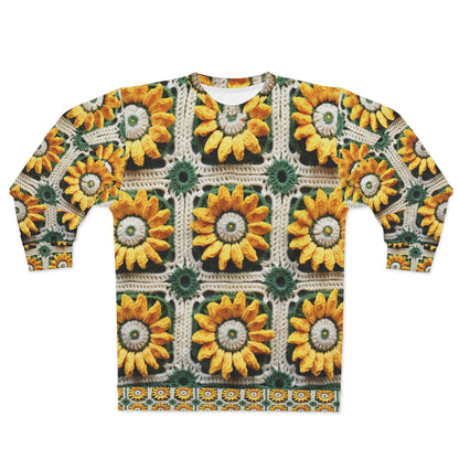 Elegancia de crochet de girasol, diseño Granny Square, motivo floral radiante. Lleva la calidez de los girasoles a tu espacio - Sudadera unisex (AOP) 