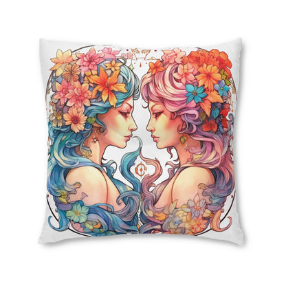 Zodiac Gemini Clipart - Twins Symbol, Whimsical Comic Style - Tufted Floor Pillow, Square