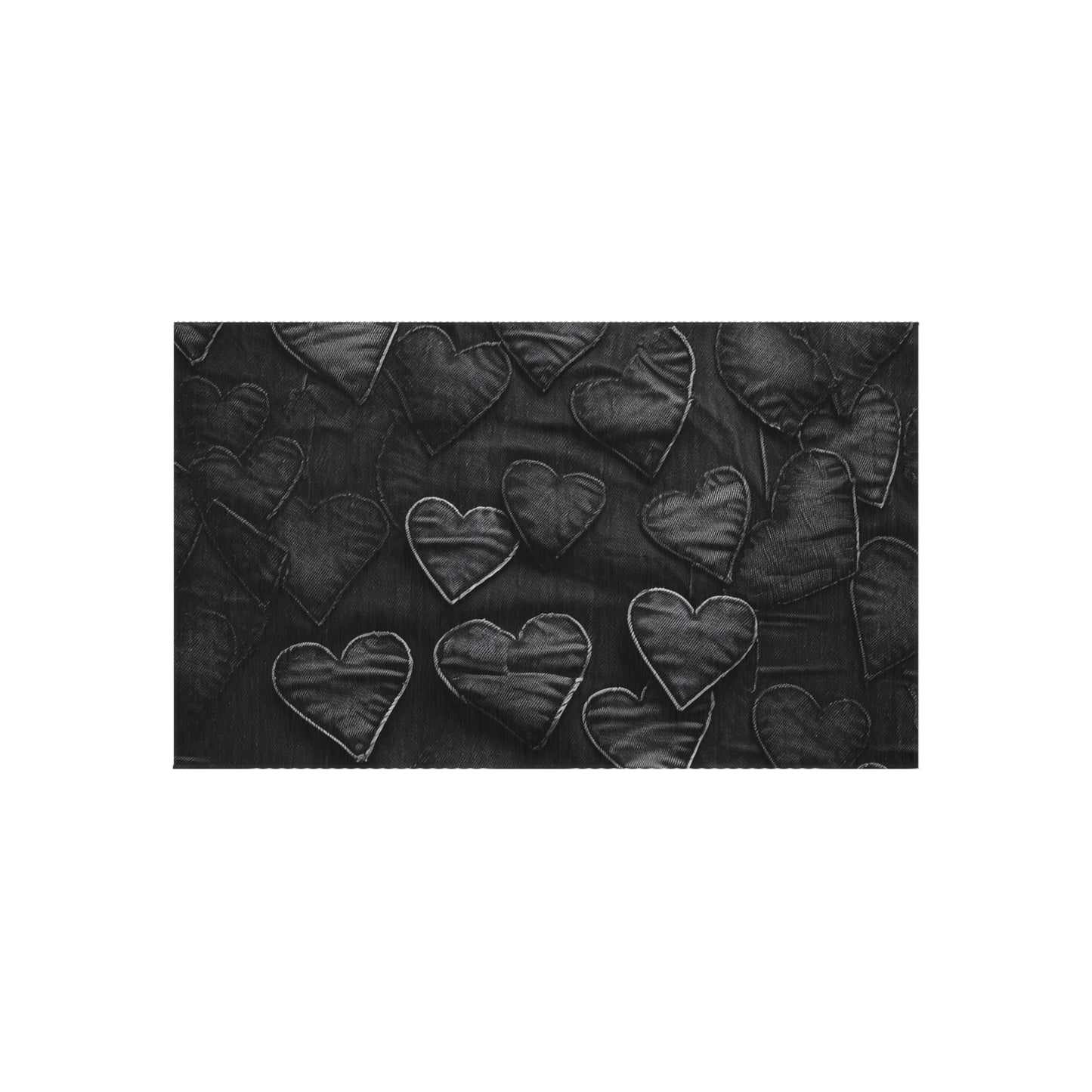 Black: Distressed Denim-Inspired Fabric Heart Embroidery Design - Outdoor Rug