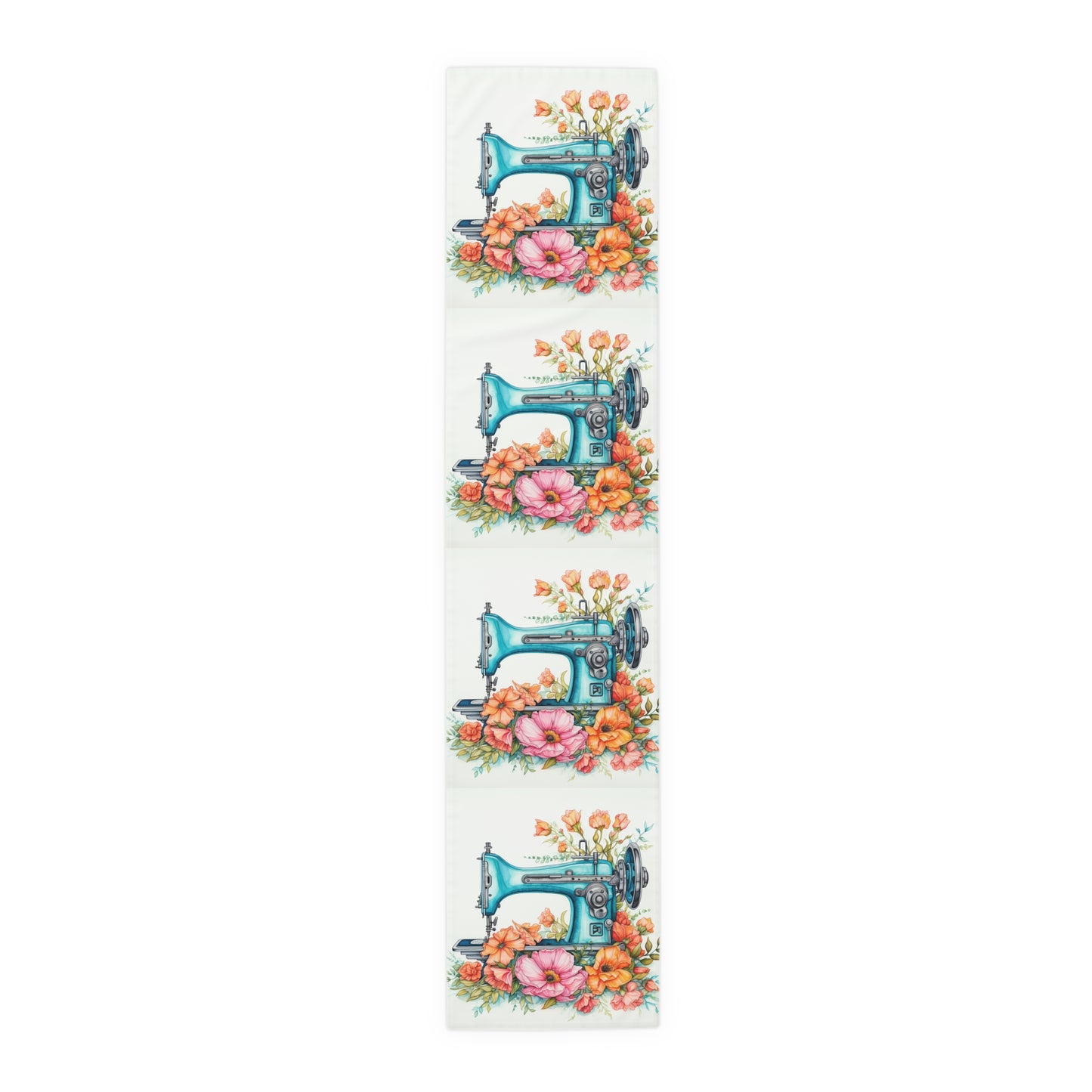 Aqua Blue Sewing Machine and Floral Watercolor Illustration, Artistic Craft - Table Runner (Cotton, Poly)