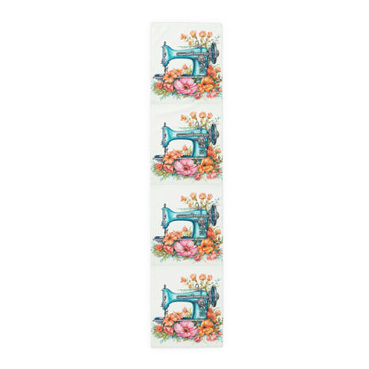 Aqua Blue Sewing Machine and Floral Watercolor Illustration, Artistic Craft - Table Runner (Cotton, Poly)