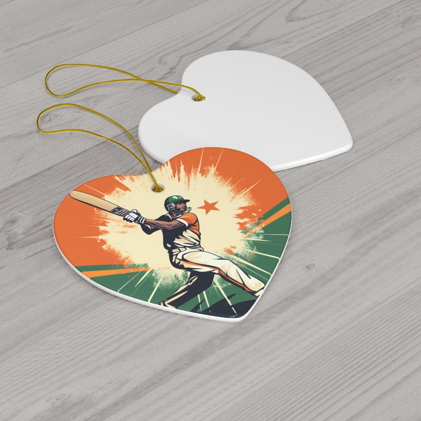 India Cricket Star: Batsman With Willow Bat, National Flag Style - Sport Game - Ceramic Ornament, 4 Shapes