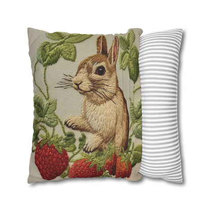 Strawberry Bunny Rabit - Embroidery Style - Strawberries Fruit Munchies - Easter Gift - Spun Polyester Square Pillow Case