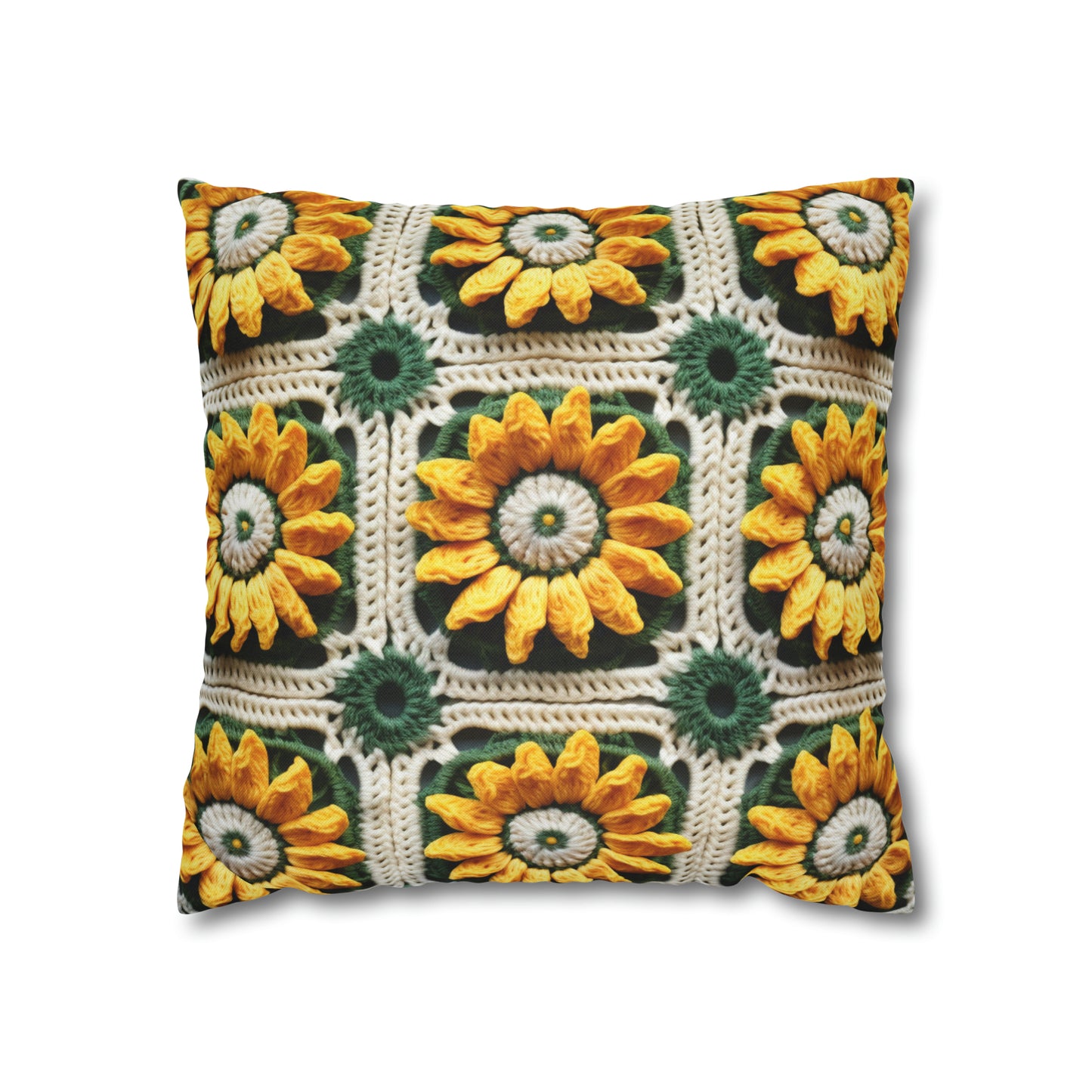 Sunflower Crochet Elegance, Granny Square Design, Radiant Floral Motif. Bring the Warmth of Sunflowers to Your Space - Spun Polyester Square Pillow Case